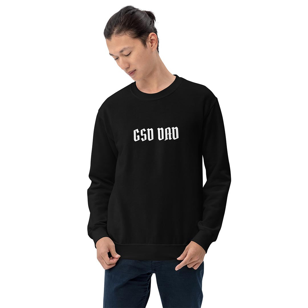 Model in GSD Dad Sweatshirt made for German Shepherd owners and lovers, black color - GSD Colony