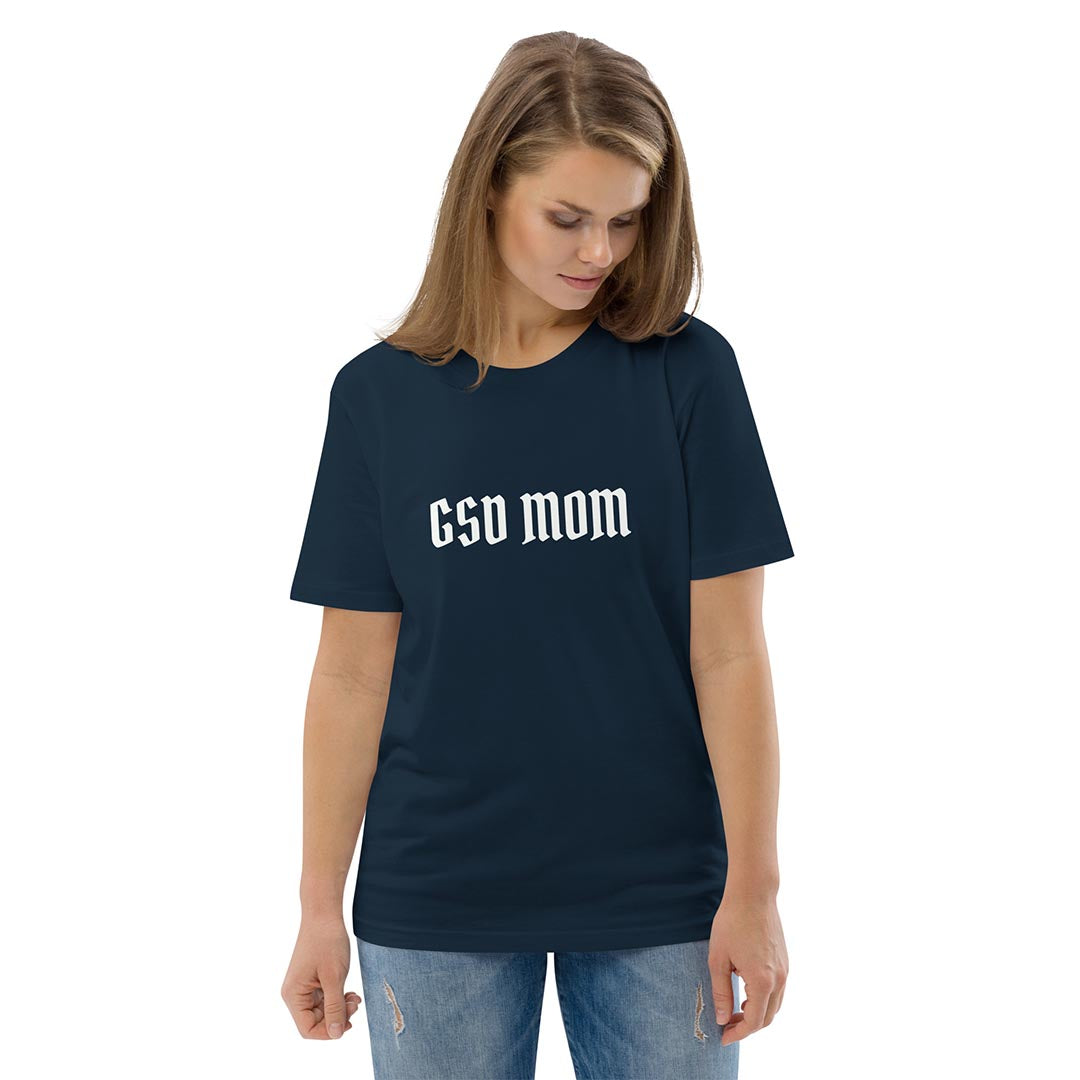 Model wearing GSD mom German Shepherd lover T-Shirt, navy blue color - GSD Colony