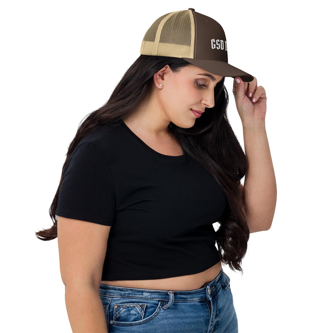 Model in GSD Mom trucker hat made for German Shepherd lovers and owners, brown color - GSD Colony
