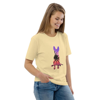 Model in Summer GSD T-Shirt made for German Shepherd lovers and owners, yellow color - GSD Colony