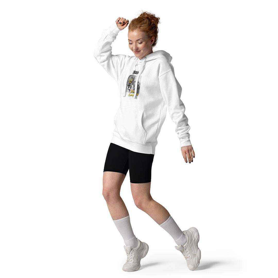 Model in Train don't complain German Shepherd hoodie for dog lovers and owners, white color - GSD Colony