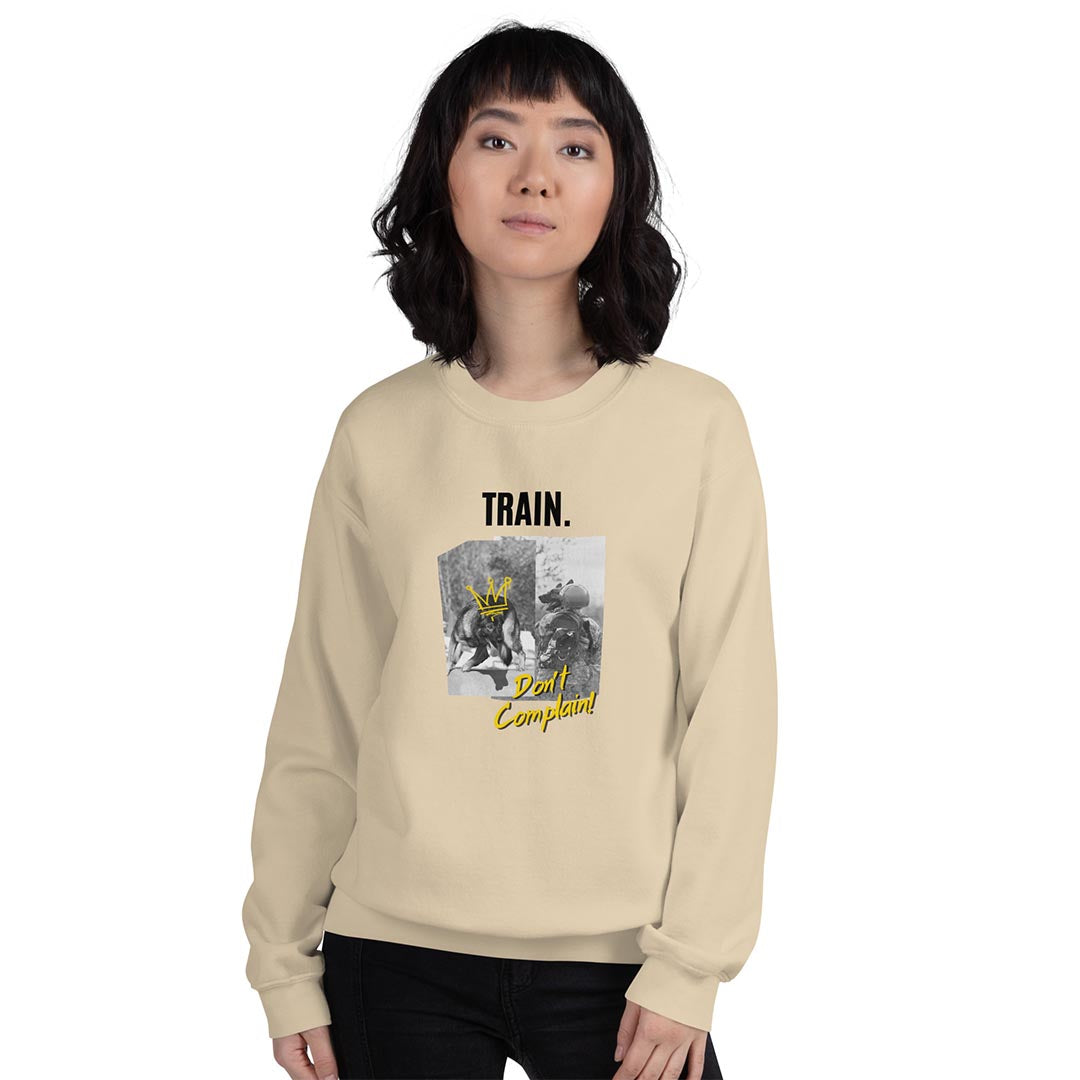 Woman in Train, don't complain sweatshirt for German Shepherd lovers and owners, beige color - GSD Colony