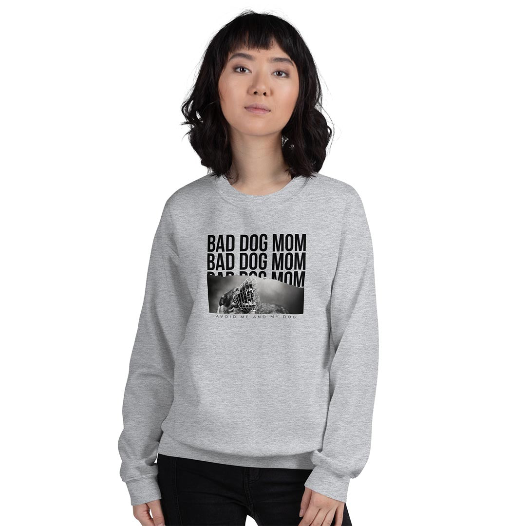 Model in Bad dog mom sweatshirt for German Shepherd lovers and owners, grey color - GSD Colony