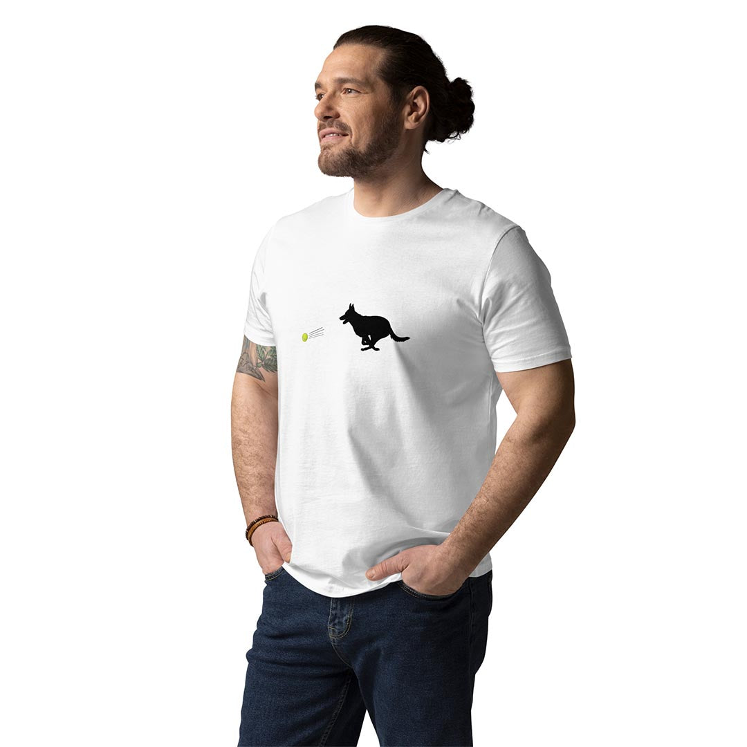 Model wearing Ball chaser German Shepherd lovers T-Shirt white color - GSD Colony