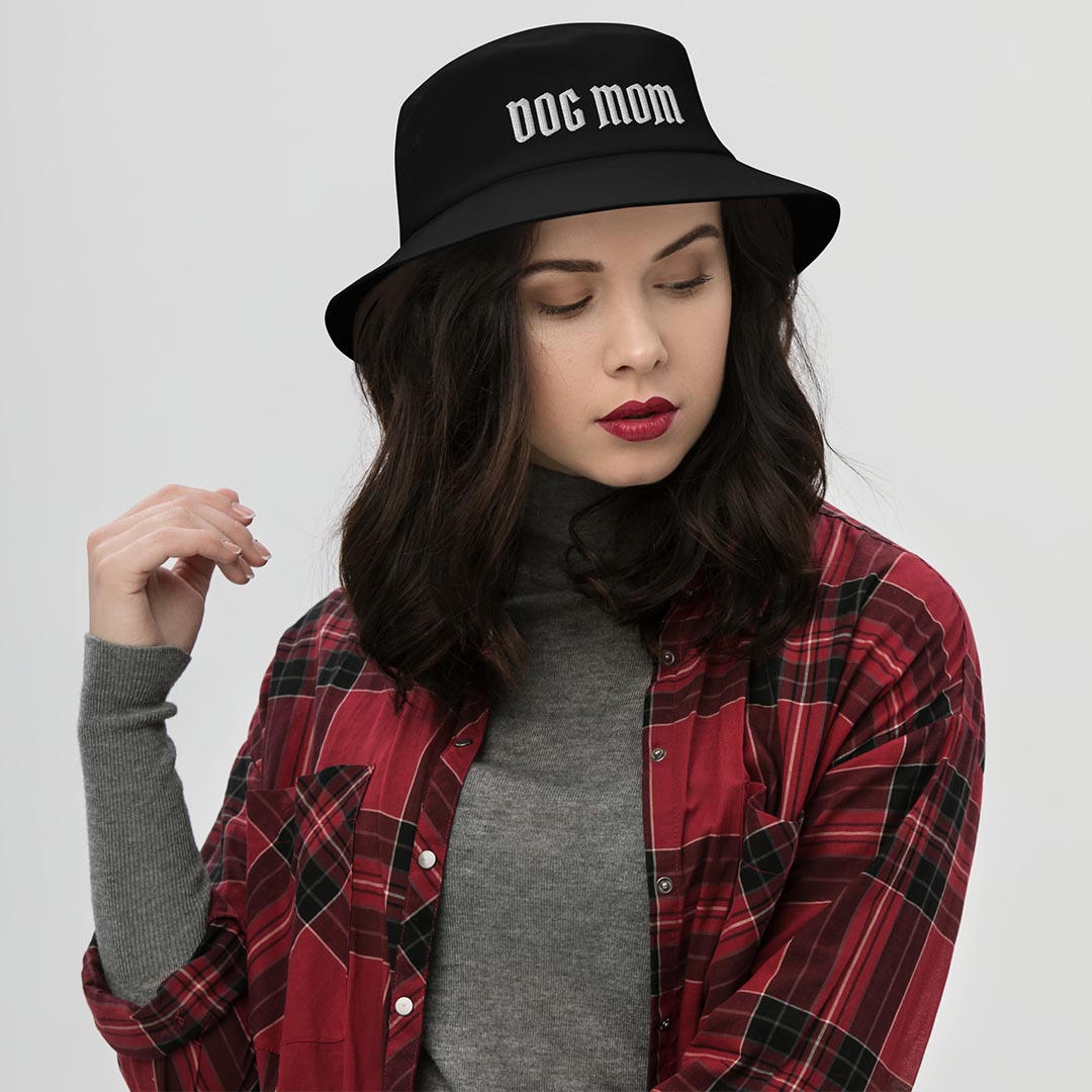 Model wearing Dog Mom Bucket Hat made for German Shepherd lovers and owners, black color - GSD Colony