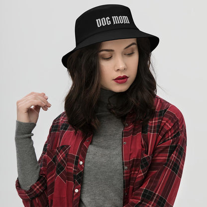Model wearing Dog Mom Bucket Hat made for German Shepherd lovers and owners, black color - GSD Colony
