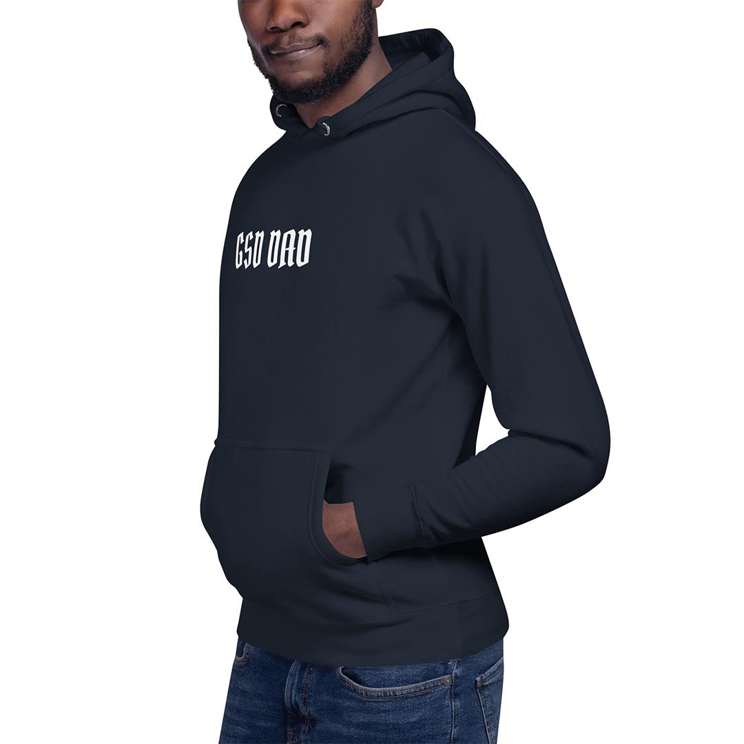 Model in GSD Dad hoodie for German Shepherd owners and lovers, navy blue color - GSD Colony