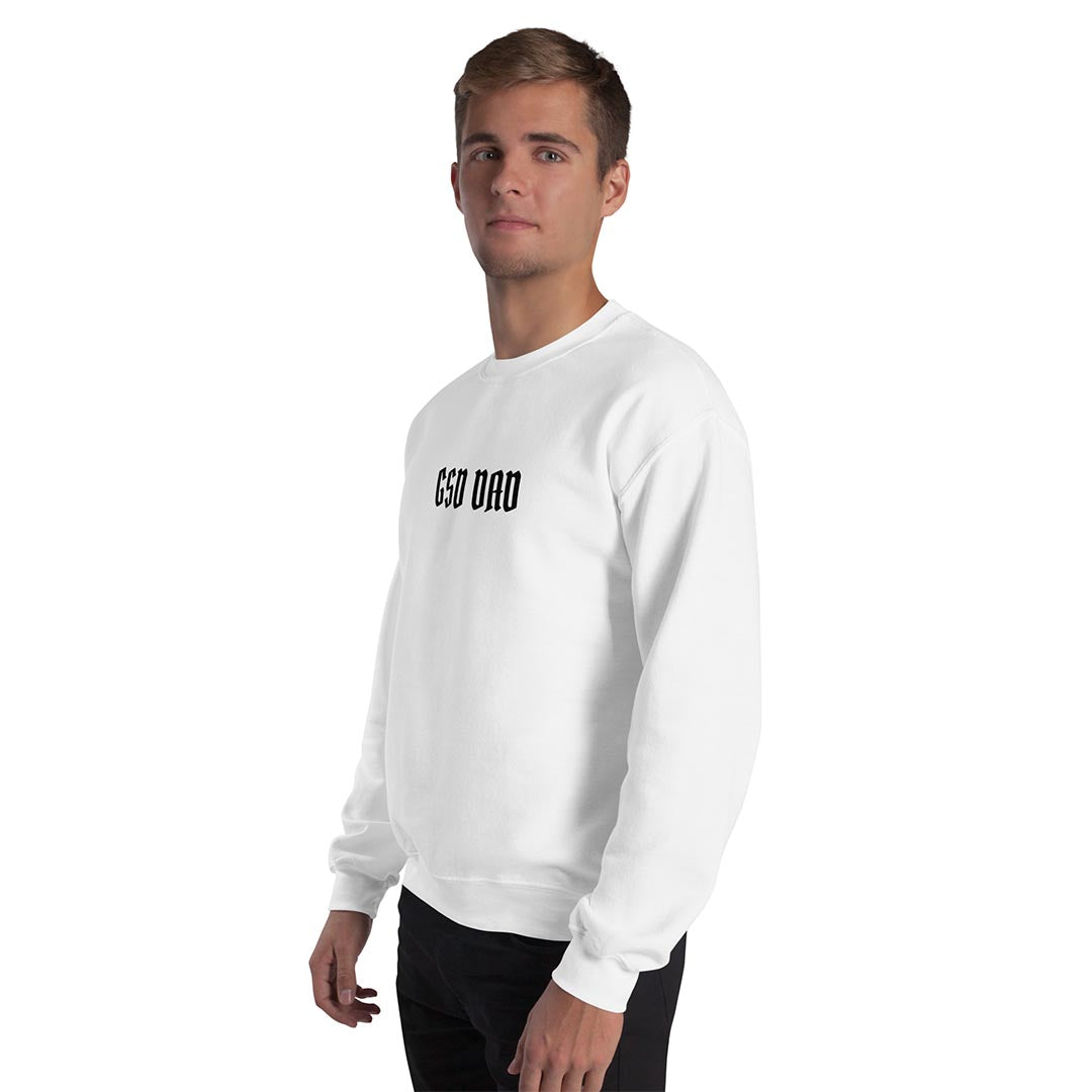 Model in GSD Dad Sweatshirt made for German Shepherd owners and lovers, white color - GSD Colony
