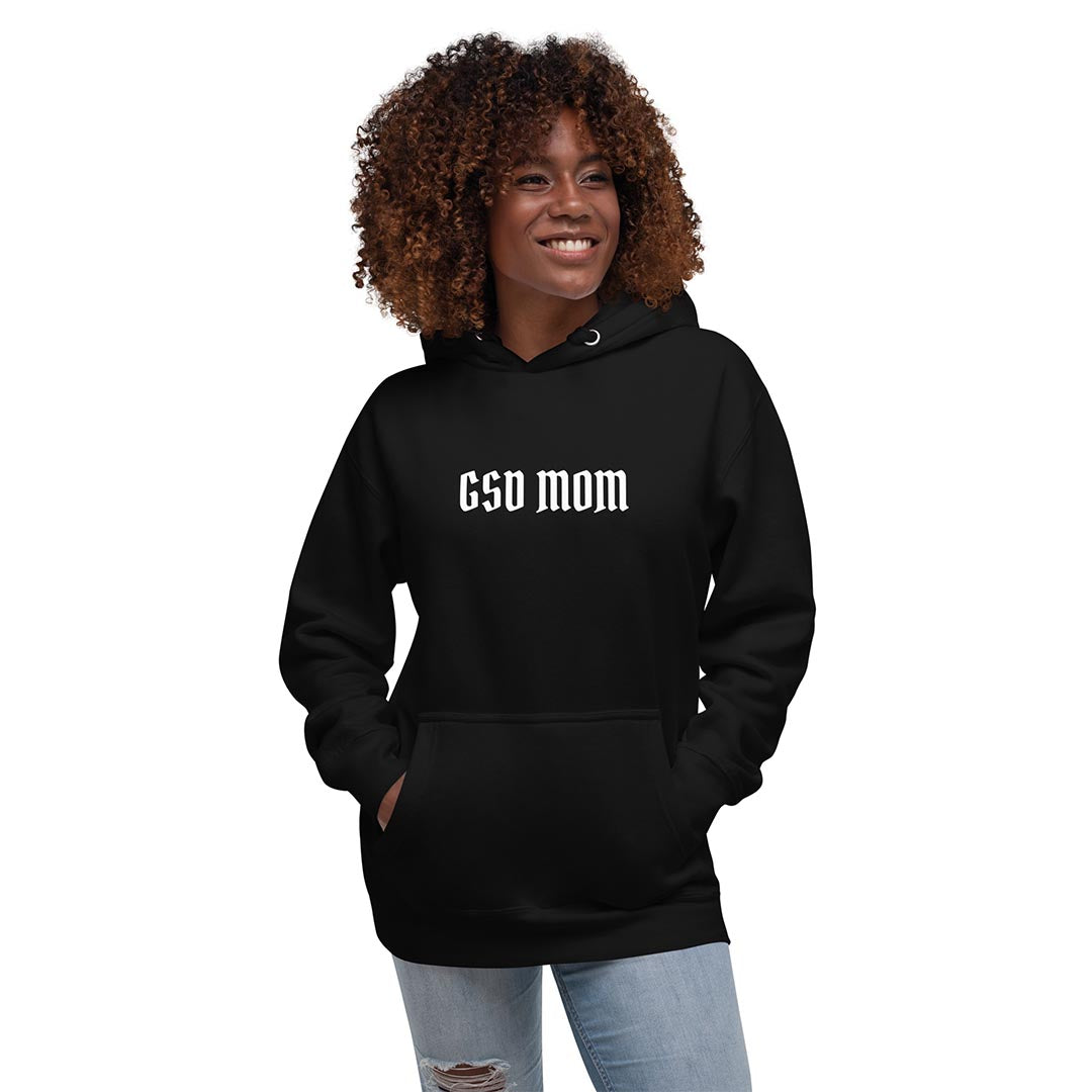 Model wearing GSD Mom German Shepherd lover hoodie, black color - GSD Colony