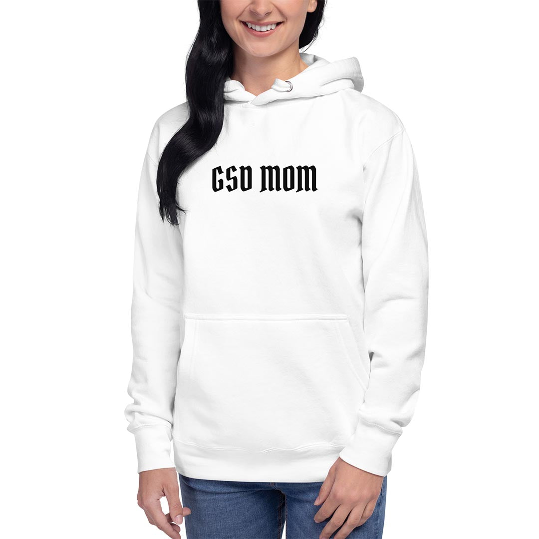 Model wearing GSD Mom German Shepherd lover hoodie, white color - GSD Colony
