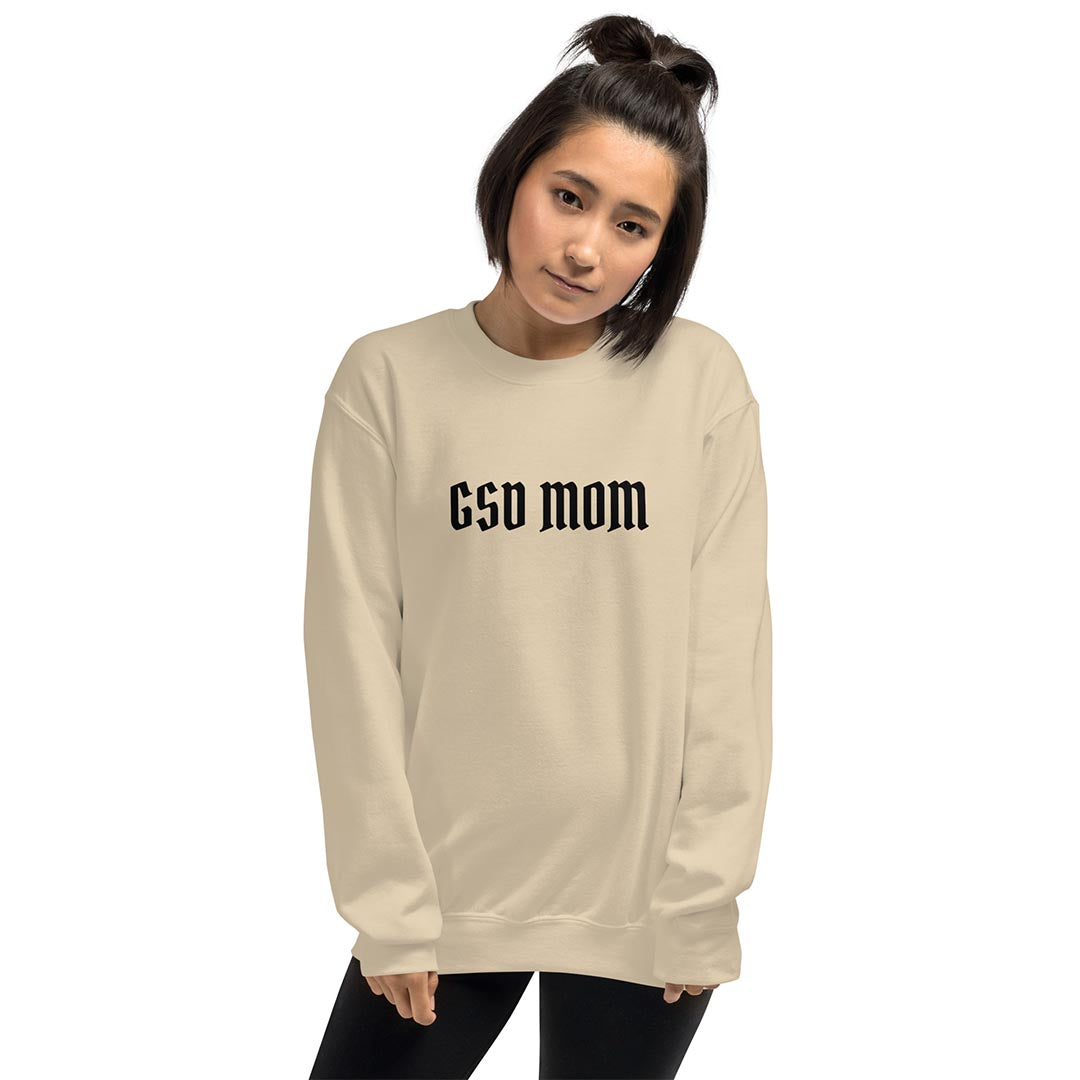 Model wearing GSD Mom Sweatshirt for German Shepherd lovers, beige color - GSD Colony