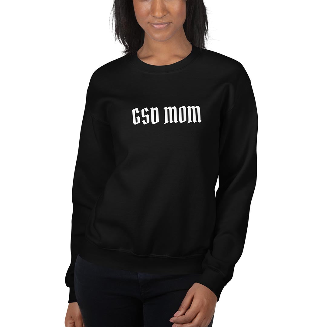 Model wearing GSD Mom Sweatshirt for German Shepherd lovers, black color - GSD Colony