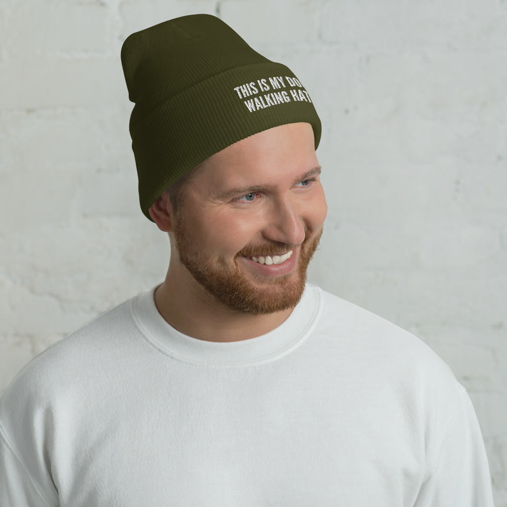 Model wearing This is my dog walking het beanie made for German Shepherd lovers and owners, green color - GSD Colony