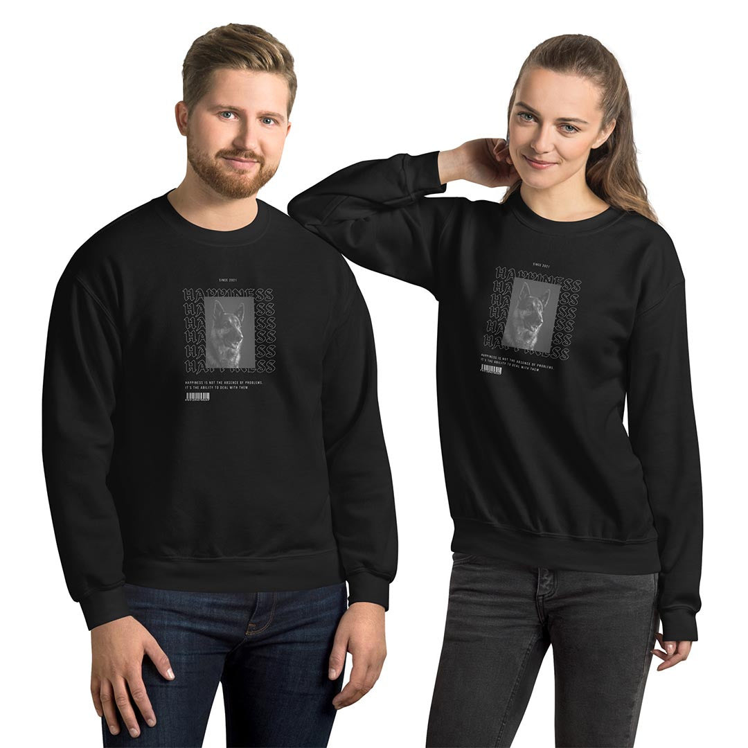 Models in Happiness sweatshirt for German Shepherd lovers and owners, black color - GSD Colony