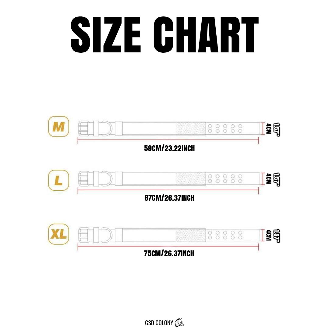 Size chart for PRO Military dog tactical collar - GSD Colony