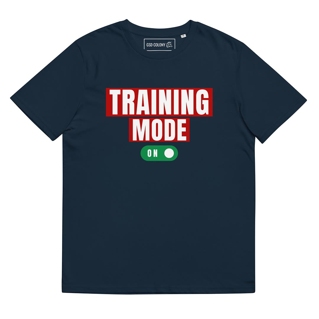 Training mode on German Shepherd lovers and owners t-shirt, navy blue color - GSD Colony