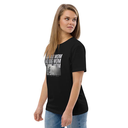 Woman wearing Bad dog mom T-Shirt for German Shepherd lovers and owners, black color - GSD Colony