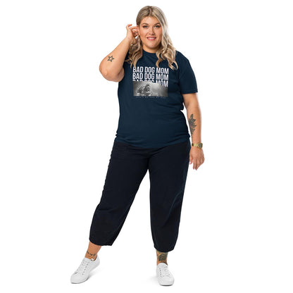Model in Bad dog mom T-Shirt for German Shepherd lovers and owners, navy blue color - GSD Colony