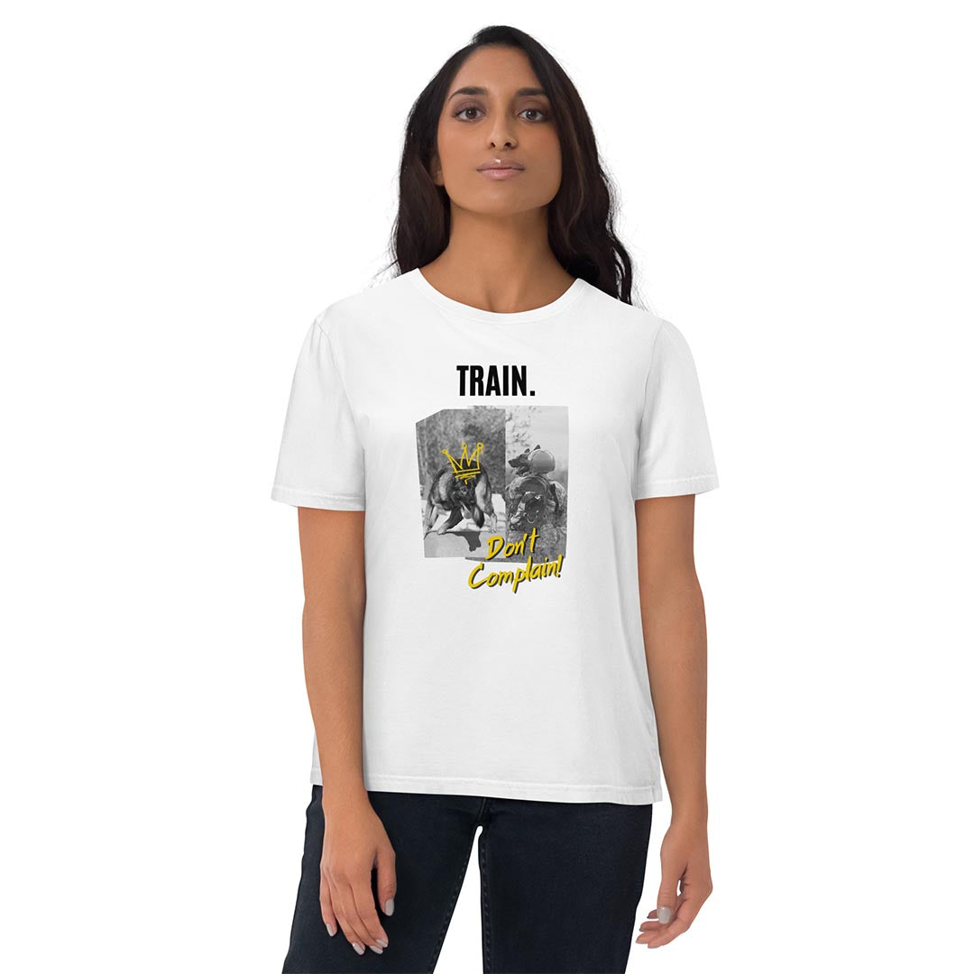 Woman in Train, Don't Complain German Shepherd Tshirt for lovers and owners, white color - GSD Colony