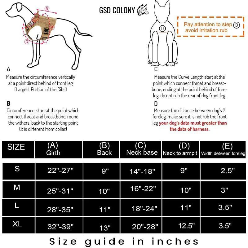 Chart For Tactical Harness by GSD Colony in Inches