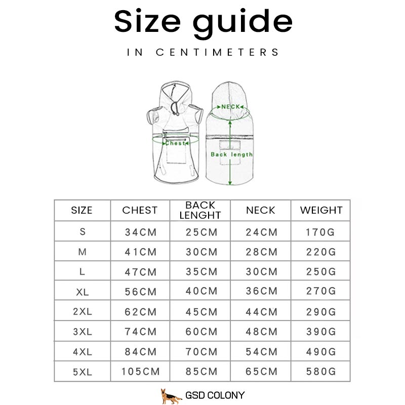 German Shepherd raincoat table size guide in centimetres - GSD Colony