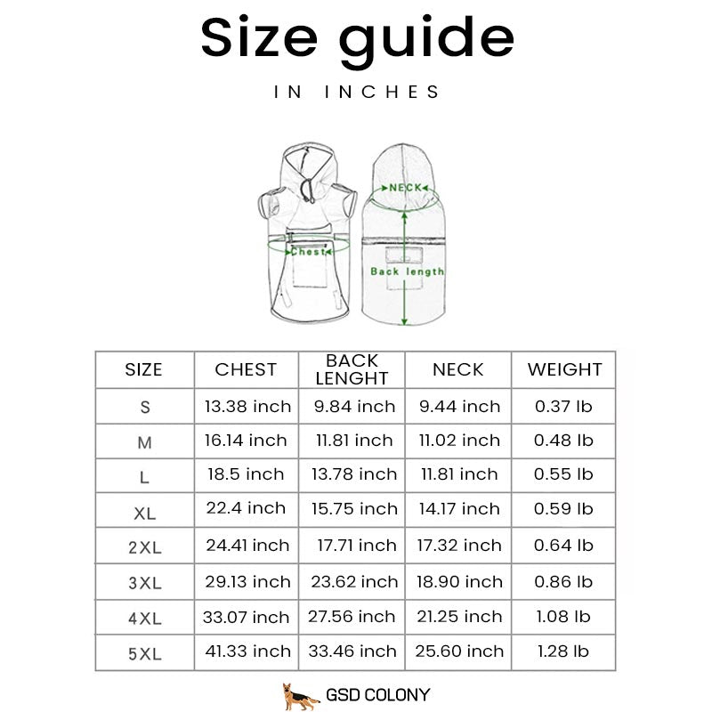 German Shepherd raincoat table size guide in inches - GSD Colony