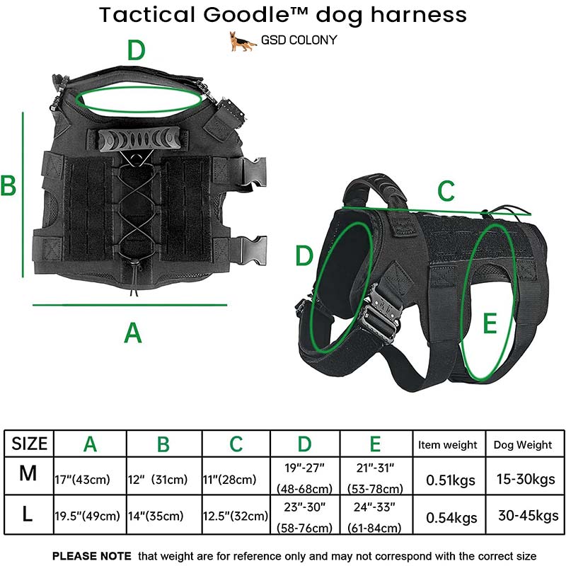 Size guide for Goodle tactical harness for German Shepherd