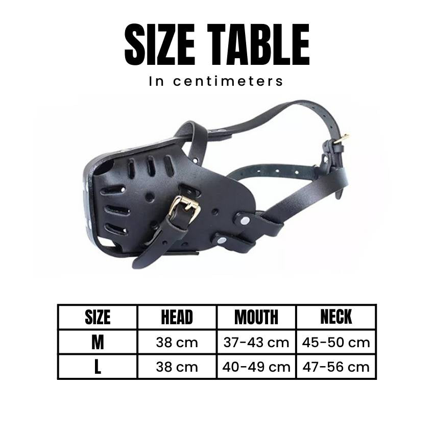 Size table for German Shepherd leather muzzle by GSD Colony (in centimeters)