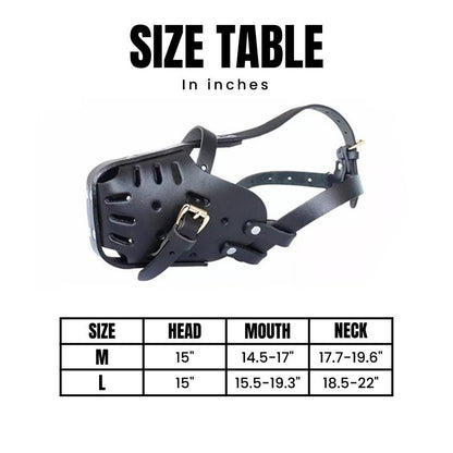 Size table for German Shepherd leather muzzle by GSD Colony (in inches)