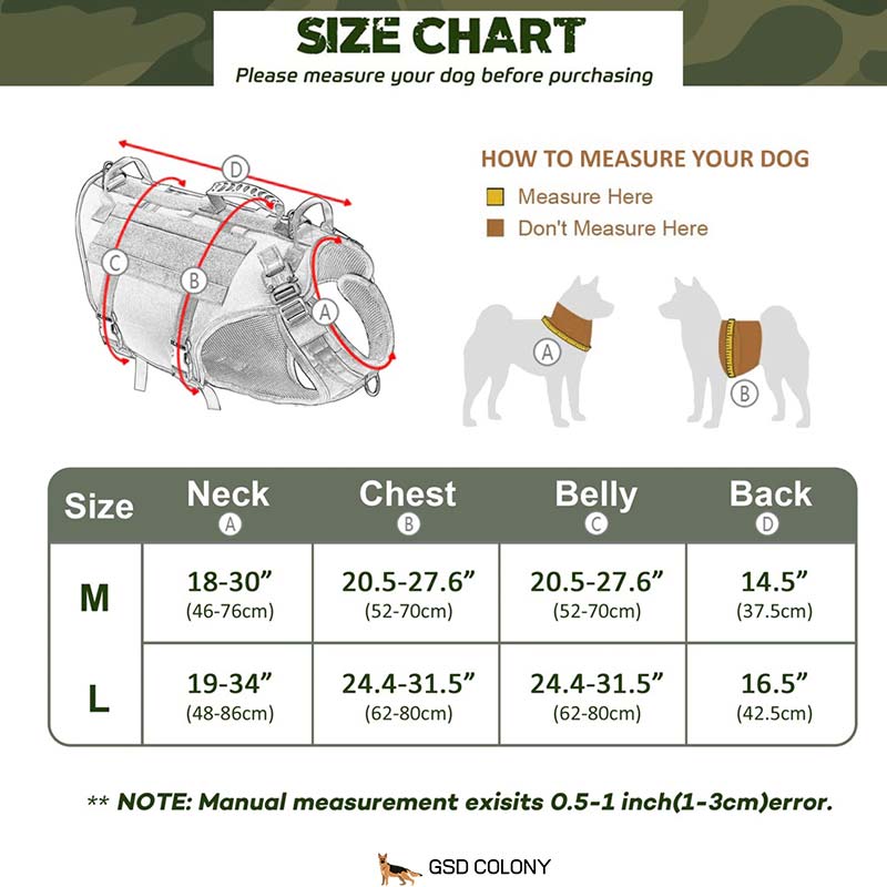 Table size guide for tactical AIRLIFTE German Shepherd harness - GSD Colony